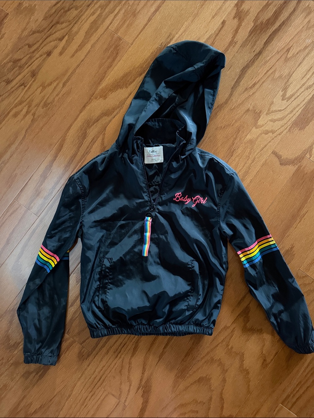 Kelly's Kids Black Hooded Windbreaker with Rainbow Stripe Details